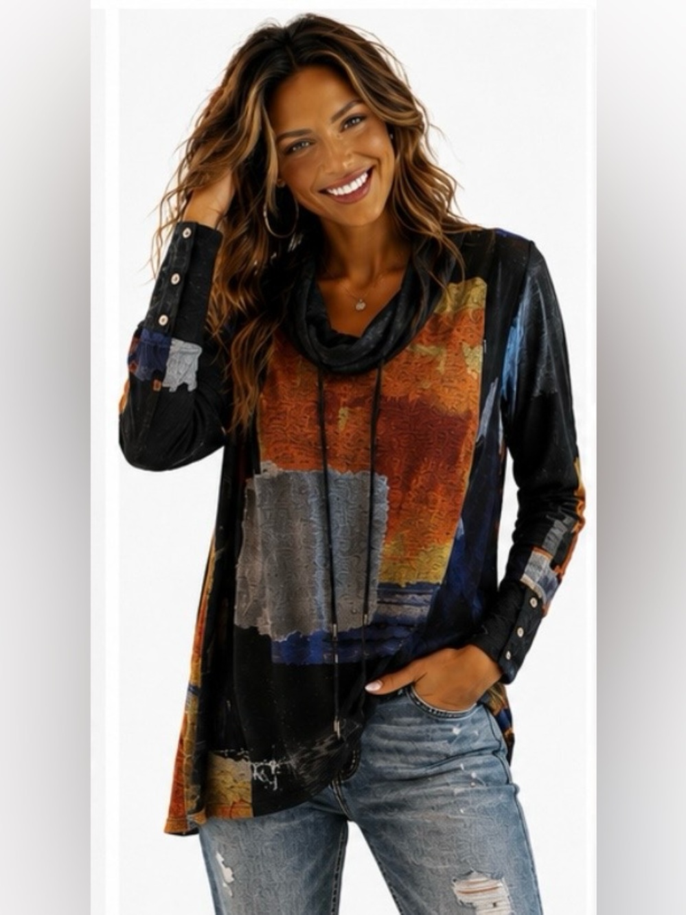 Michael Tyler Abstract Cowl Neck Top Size M